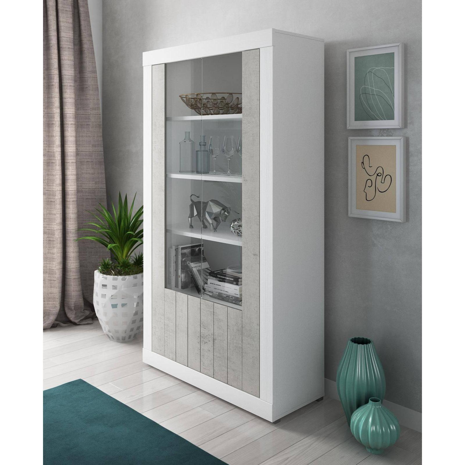 Libreria a due ante con vetro e ripiani interni sviluppata in altezza, cm 105 x 42 x h191, colore Bianco e cemento