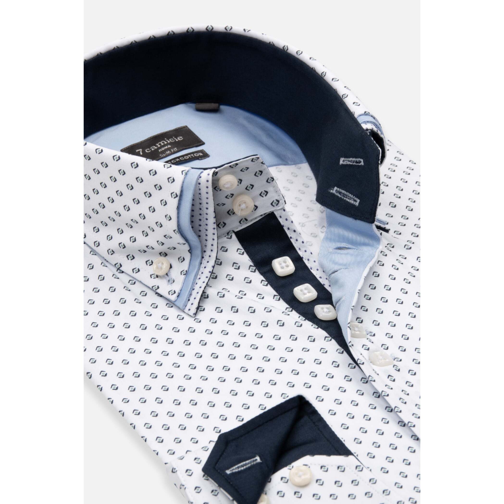 Camicia Uomo 2 Bottoni Button Down Triplo Collo Slim Popeline Stretch Stampato Bianco e Blu
