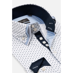 Camicia Uomo 2 Bottoni Button Down Triplo Collo Slim Popeline Stretch Stampato Bianco e Blu