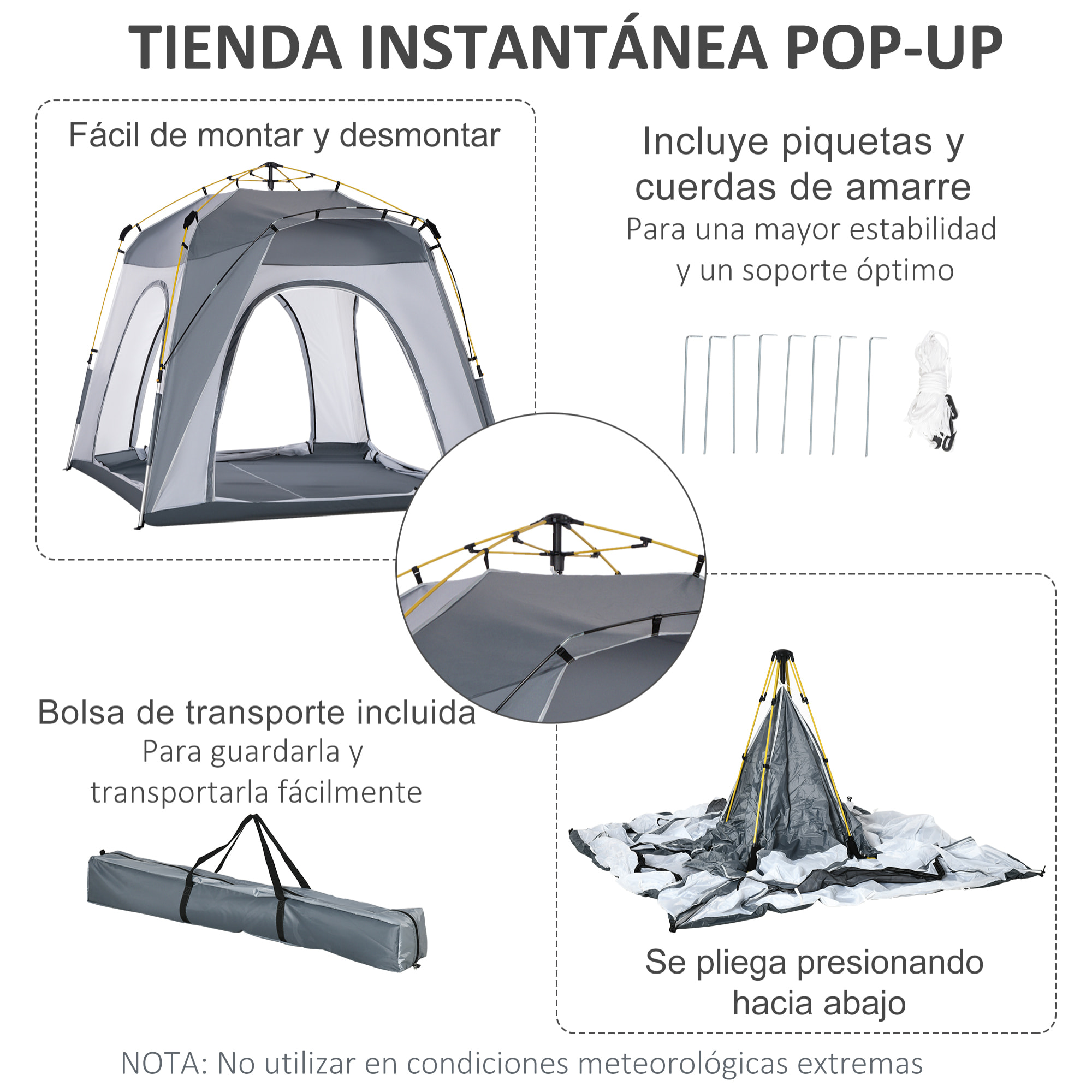 Tienda de Campaña Instantánea para 4 Personas Tienda de Camping con 4 Ventanas 2 Bolsillos y Bolsa de Transporte 240x240x199 cm Gris y Blanco
