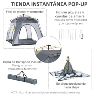 Tienda de Campaña Instantánea para 4 Personas Tienda de Camping con 4 Ventanas 2 Bolsillos y Bolsa de Transporte 240x240x199 cm Gris y Blanco