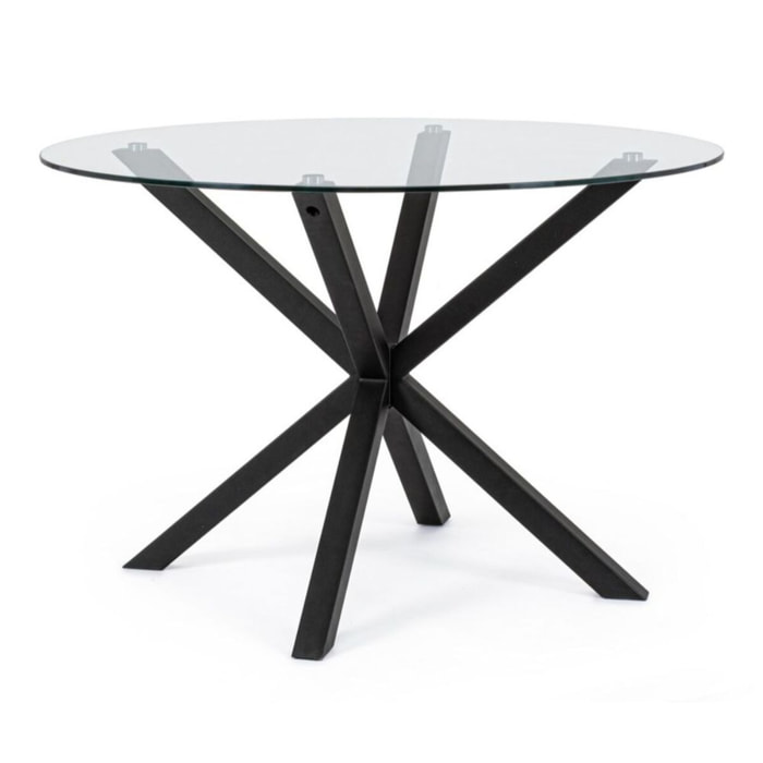 Tavolo rotondo MAY in vetro, gamba incrociata acciaio nero d114 cm
