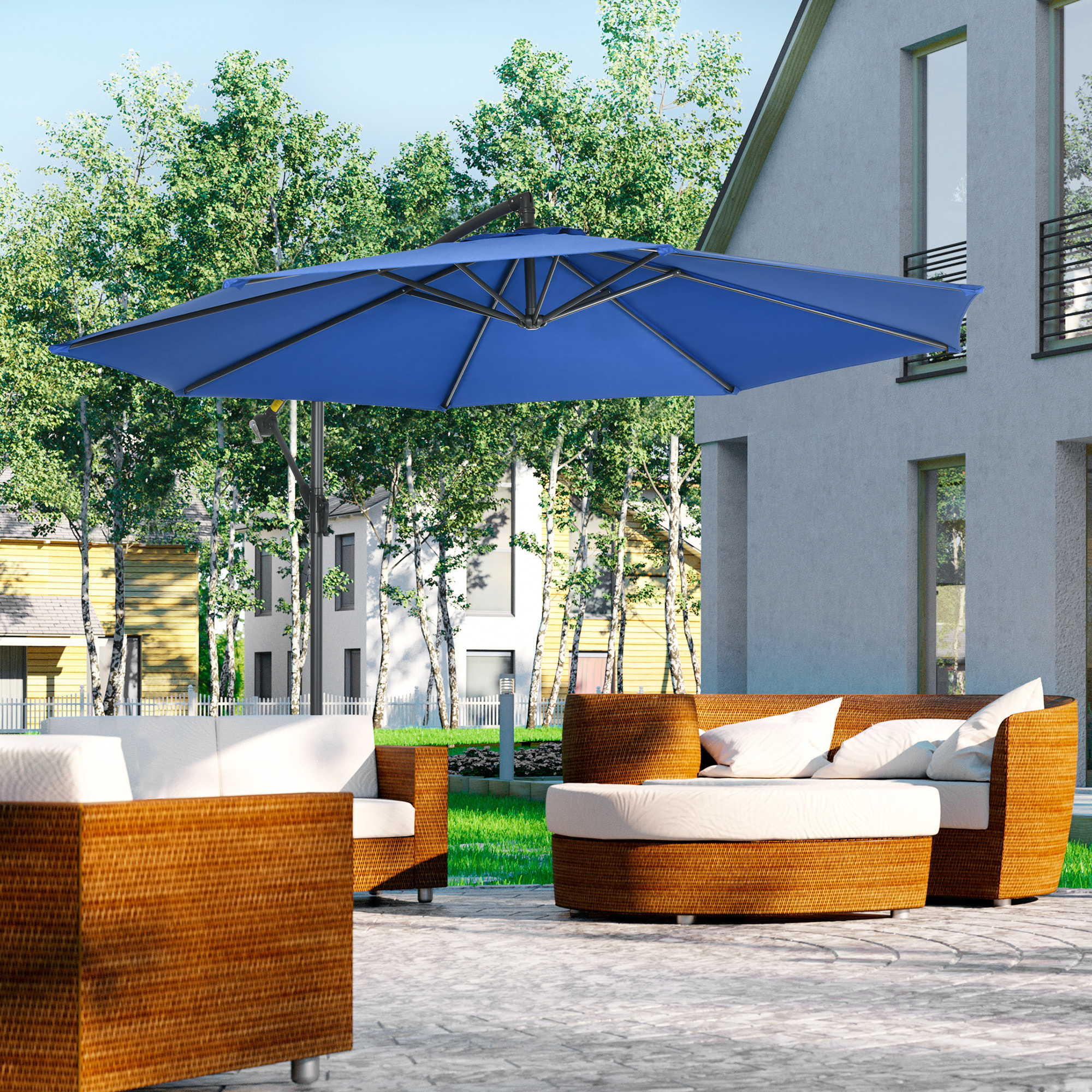 Parasol déporté octogonal inclinable rabattable diamètre 2,97 m parasol de jardin avec pied en croix bleu