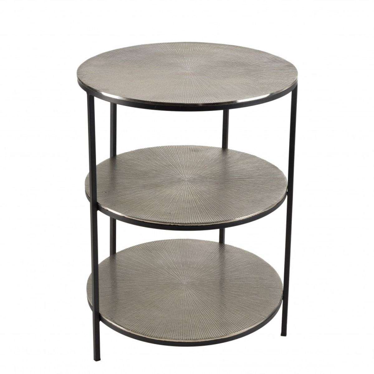 JONAS - Table d'appoint ronde 3 niveaux aluminium argenté et noir pieds métal