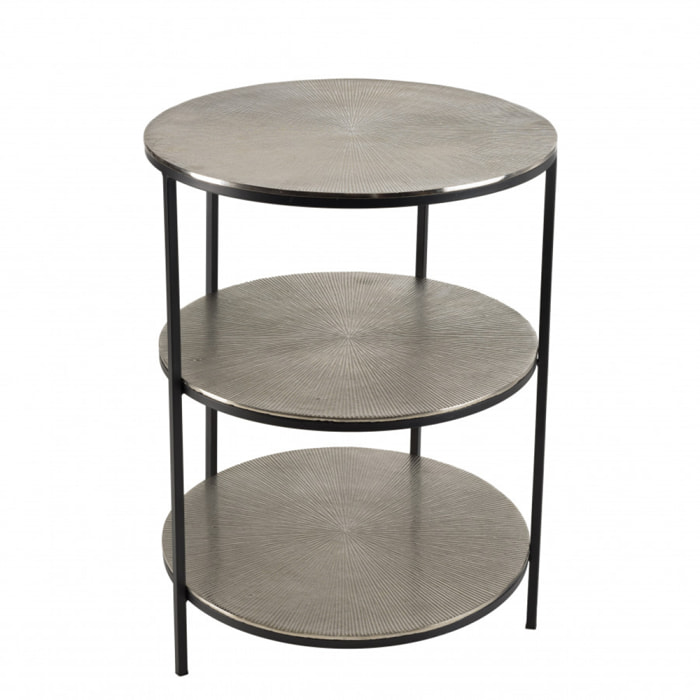 JONAS - Table d'appoint ronde 3 niveaux aluminium argenté et noir pieds métal