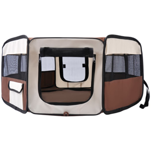 Parc enclos pliable chien chat Ø 90 x 41H cm - 2 portes, 2 poches, sac transport - acier Oxford marron beige