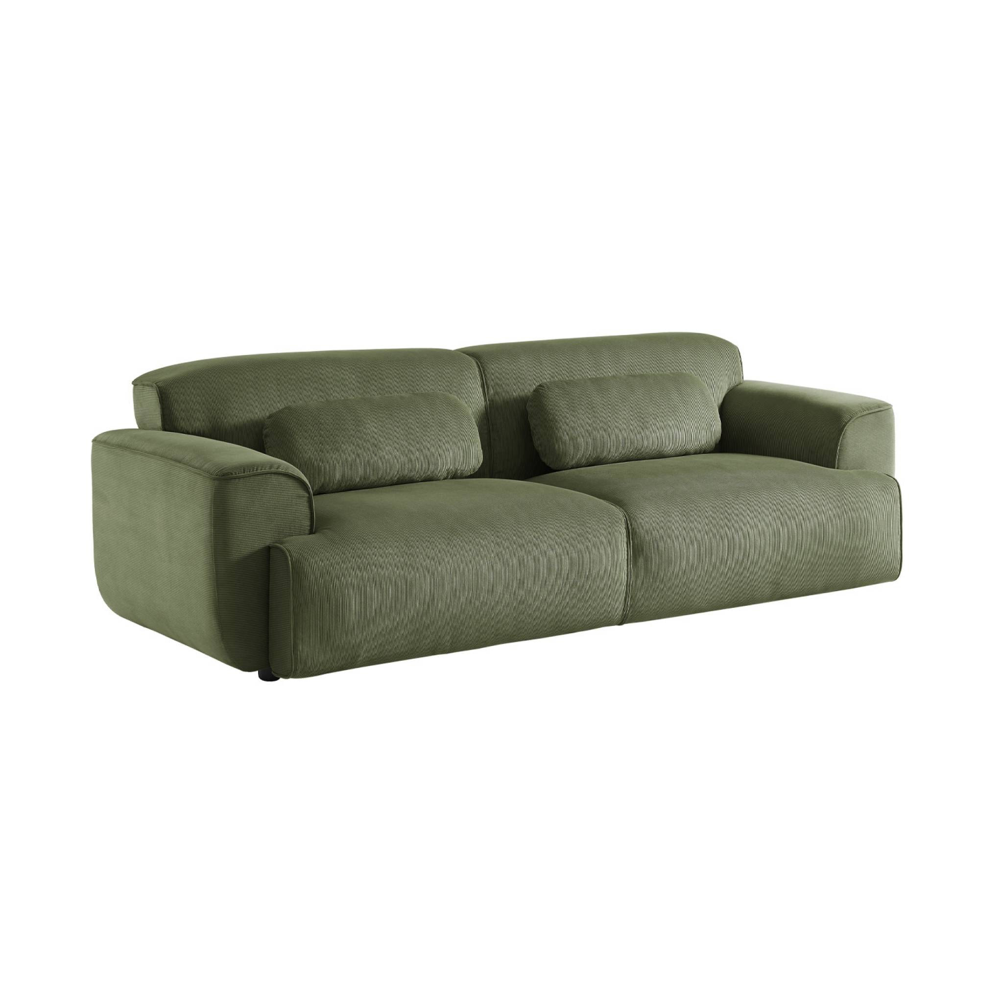 Canapé 3 places. tissu velours côtelé vert. 2 coussins déhoussables. Wallas  L 230 x P 98 x H 73cm