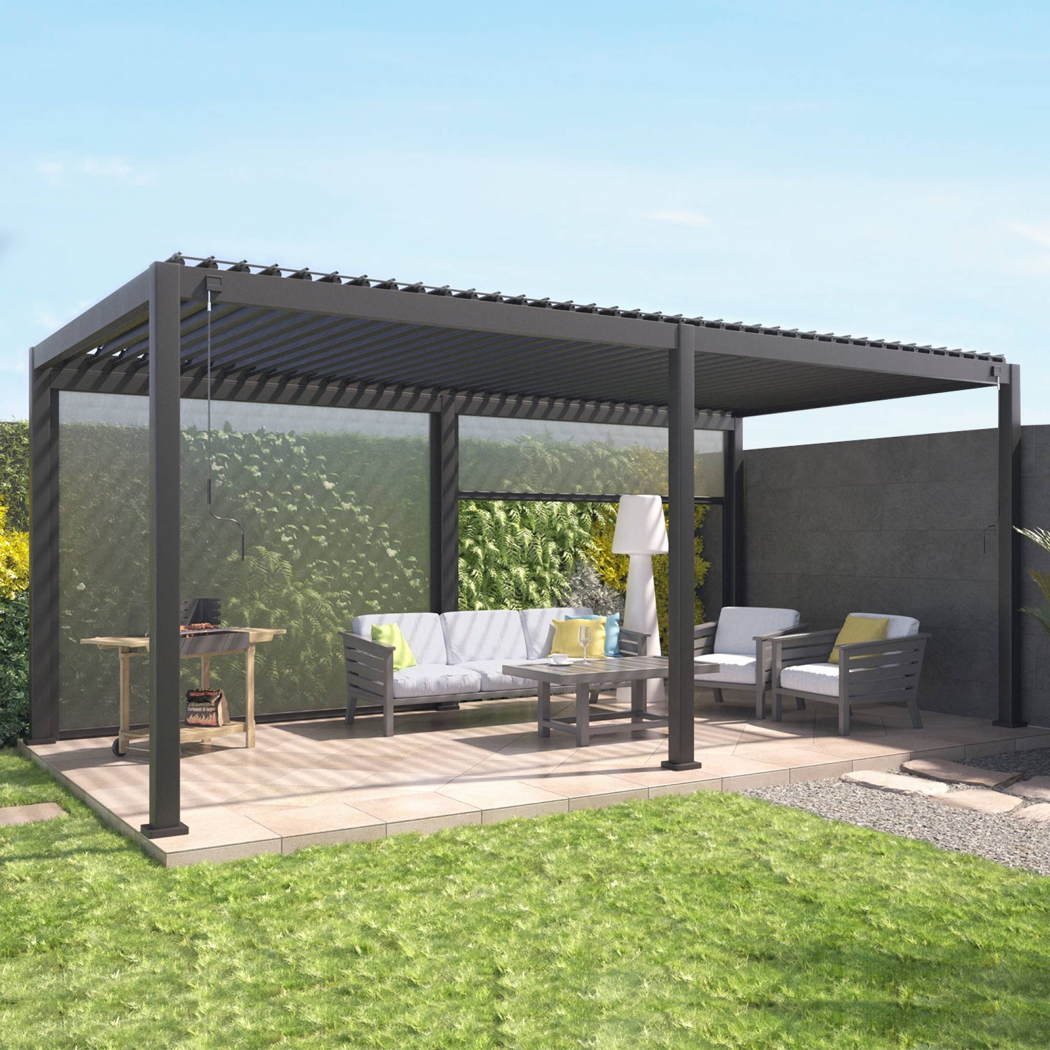 Pergola Bioclimatique gris anthracite 300x600cm. aluminium à lames orientables + 2 stores 3m