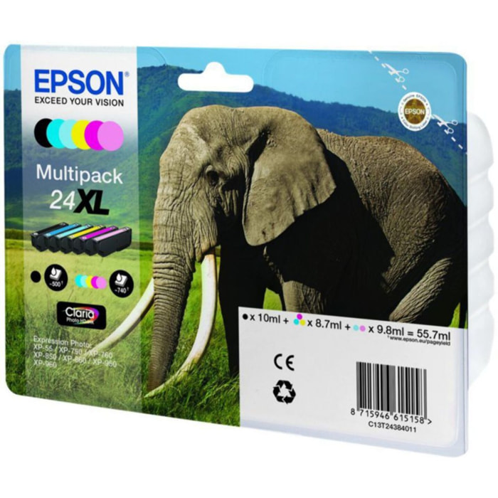 Cartouche d'encre EPSON Pack Multipack 6 Originales T24 XL Série Éléphant (Noir + 5 Couleurs) - C13T24384010