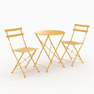 Table ronde et chaises de jardin pliantes 2 places en métal jaune - Kayla