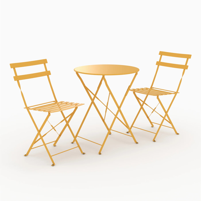 Table ronde et chaises de jardin pliantes 2 places en métal jaune - Kayla