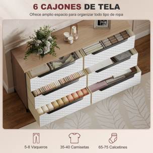 Cómoda con 6 Cajones de Tela, Cómoda para Dormitorio, Frentes con Patrón de Diamante, Cajonera para Salón, Oficina, Vestidor, Natural y Blanco