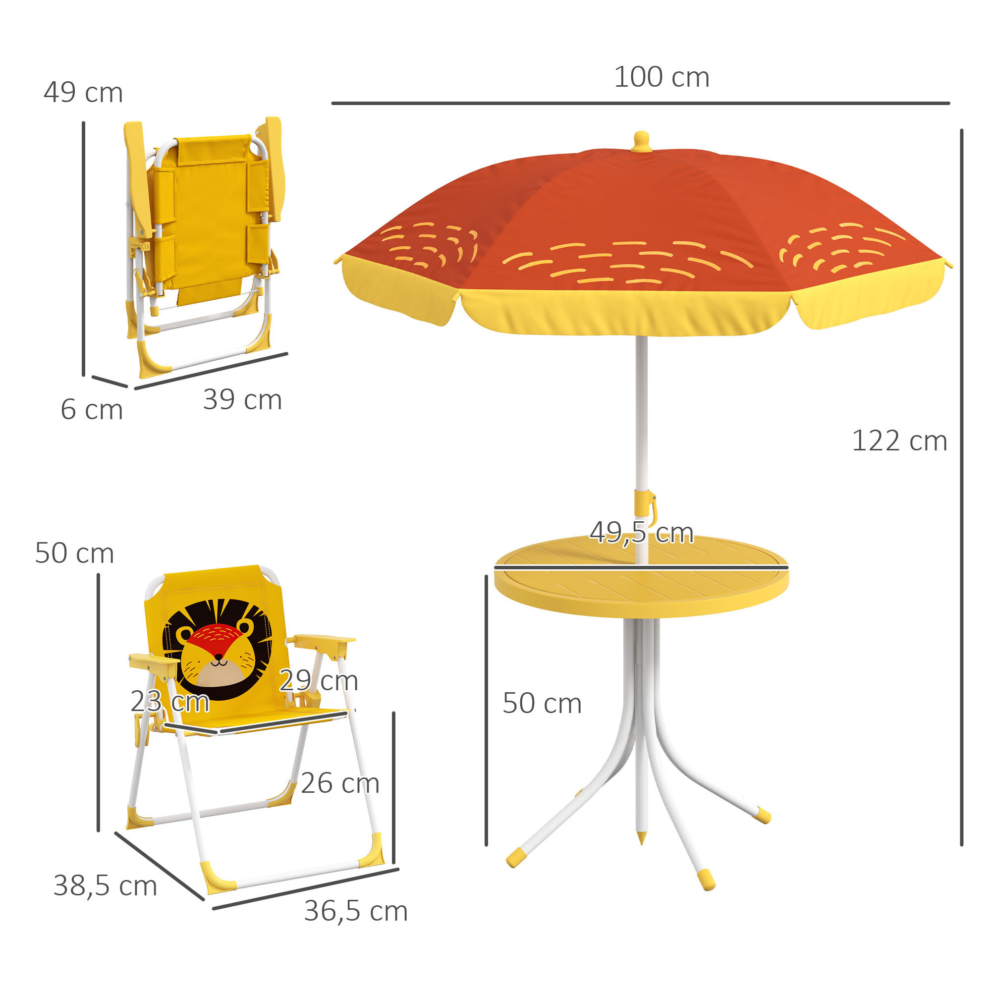 Conjunto de Mesa y Sillas para Exterior Infantil Set de 2 Sillas Plegables y Mesa para Niños Mesa con Sombrilla Ajustable en Altura Temática de León para Jardín Patio Amarillo y Marrón