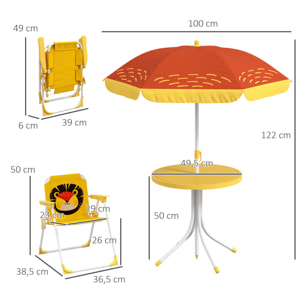 Conjunto de Mesa y Sillas para Exterior Infantil Set de 2 Sillas Plegables y Mesa para Niños Mesa con Sombrilla Ajustable en Altura Temática de León para Jardín Patio Amarillo y Marrón