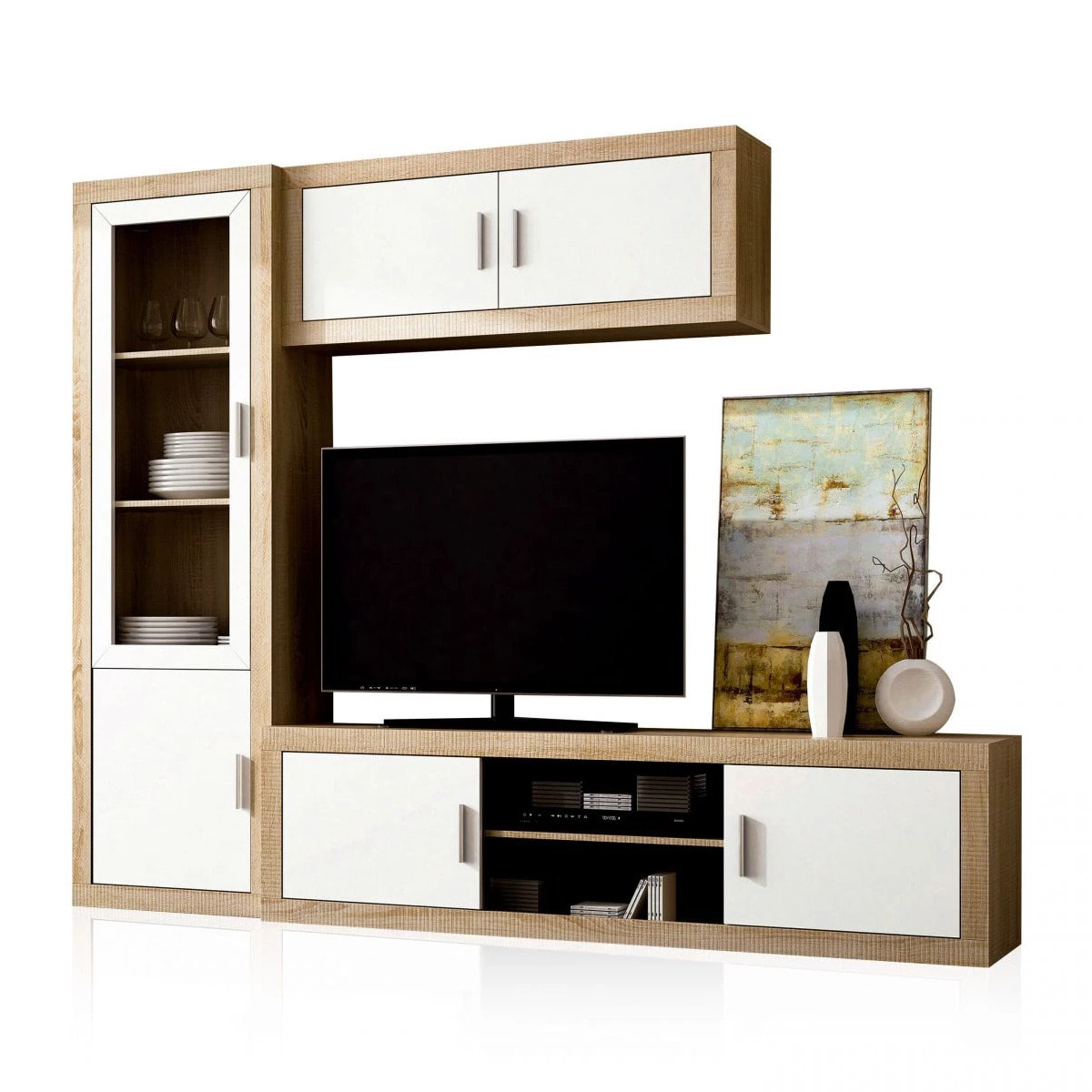 Salón modular con gran capacidad de almacenaje en cambria y blanco 240 cm Nuka V1 Cambria - Blanco