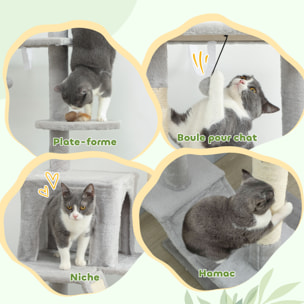 Arbre à chat du sol au plafond XXL, hauteur réglable 225-255 cm, griffoir pour chat en sisal à 6 niveaux avec niche, hamac, plates-formes, échelle et 2 pompons suspendues, gris clair