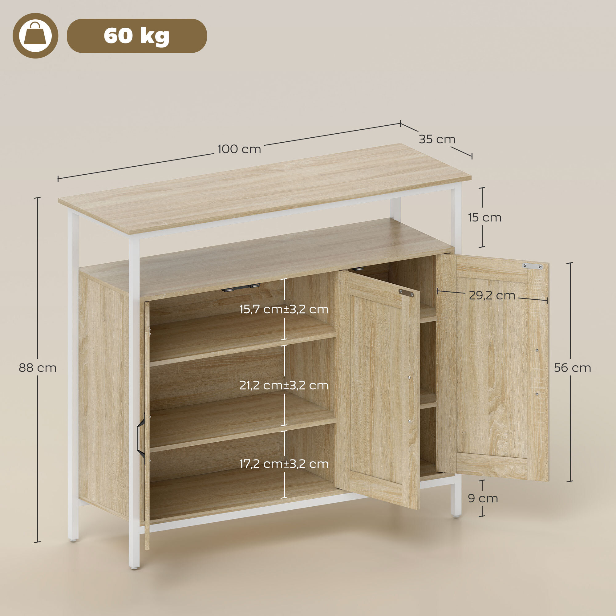 Buffet 3 portes 4 étagères grande niche dim. 100x35x88cm métal blanc effet chêne clair