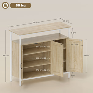 Buffet 3 portes 4 étagères grande niche dim. 100x35x88cm métal blanc effet chêne clair