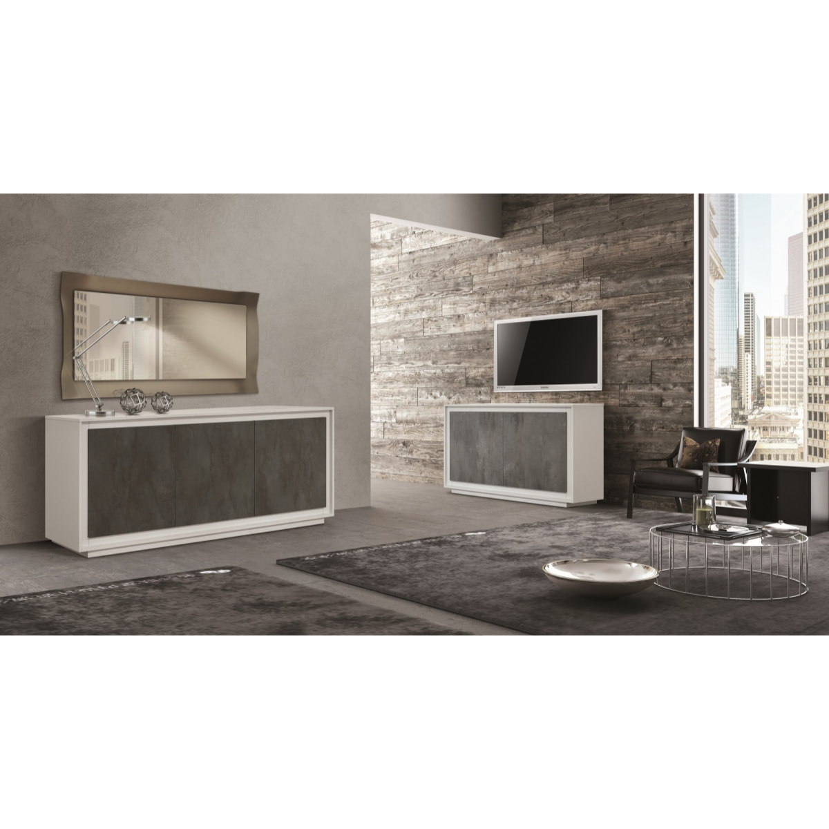 Credenza LAMPEDUSA in legno, finitura bianco frassinato, ante finitura acciaio ossidato, 140x50 cm