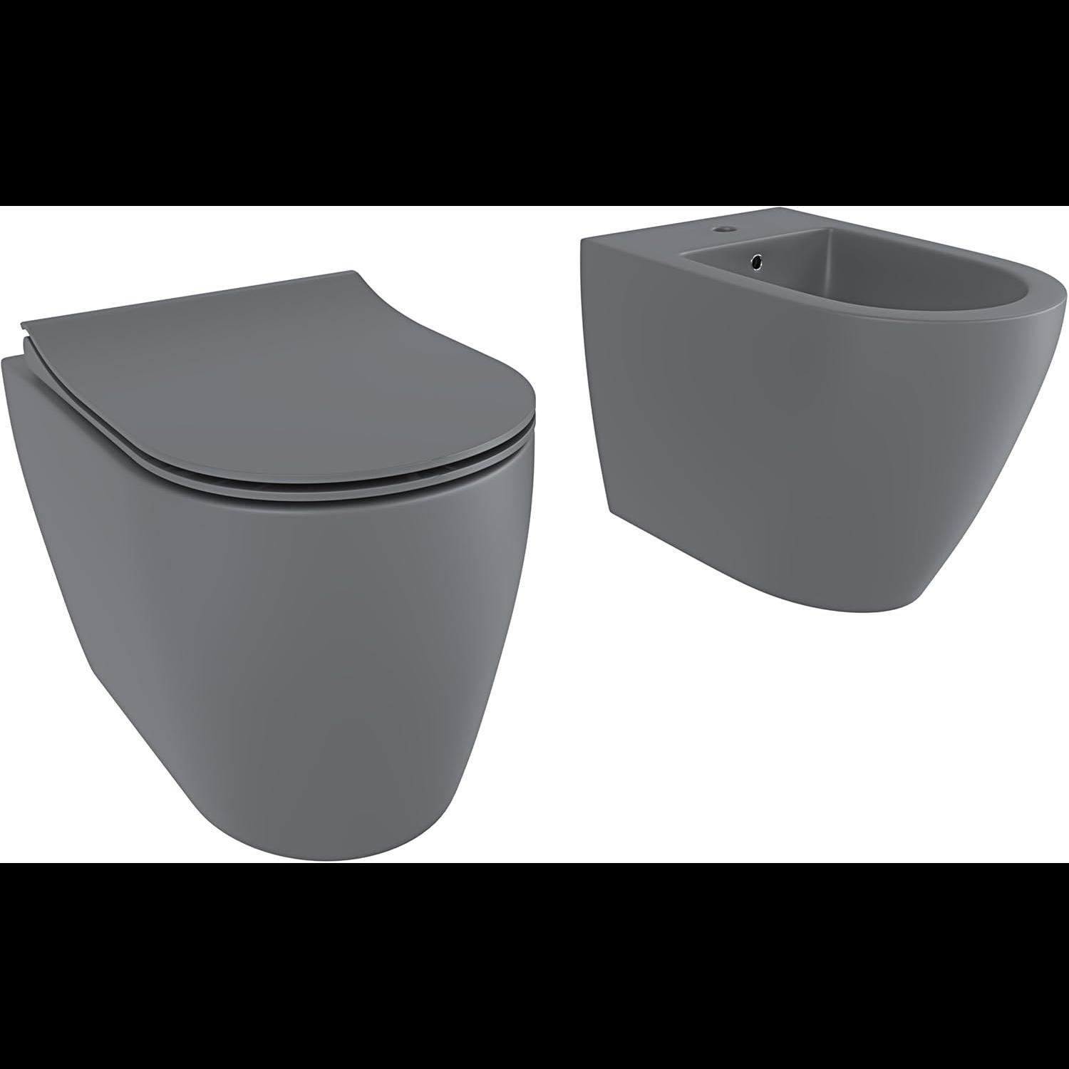 Coppia Sanitari Filomuro Parete Vaso WC Rimless Senza Brida Tornado Flush E Bidet Moderno In Ceramica Copriwater Chiusura Soft Close Grigio Opaco