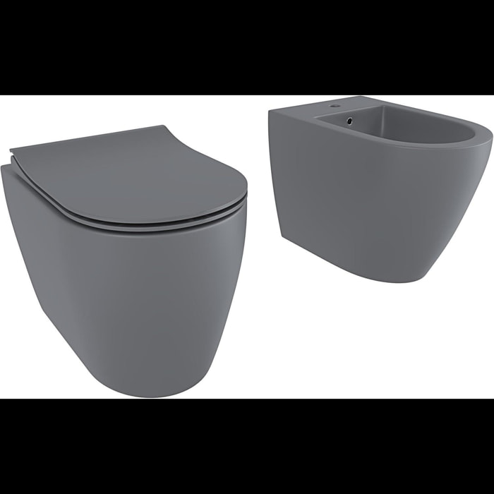 Coppia Sanitari Filomuro Parete Vaso WC Rimless Senza Brida Tornado Flush E Bidet Moderno In Ceramica Copriwater Chiusura Soft Close Grigio Opaco