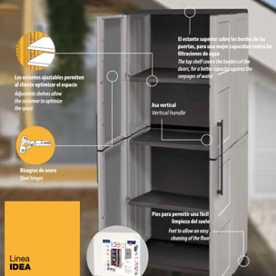 Armario de altura completa en polipropileno, material reciclable y ecológico sostenible, está equipado con bisagras de acero, estantes ajustables y lo