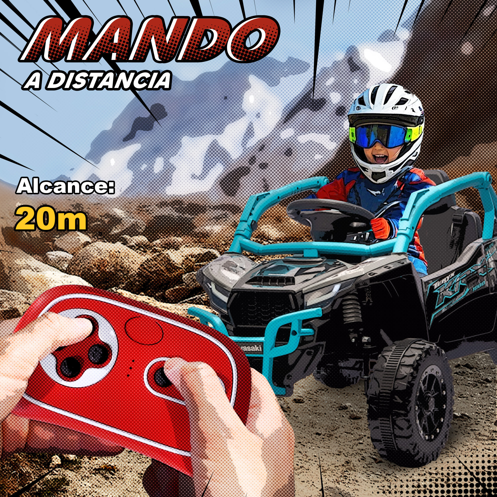 Coche Eléctrico para Niños 12V, Kawasaki Teryx KRX 1000, Coche de Batería UTV con 2 Motores, Control Remoto 2,4G, Suspensión Trasera, Faros, USB, para Niños de +3 Años, Azul