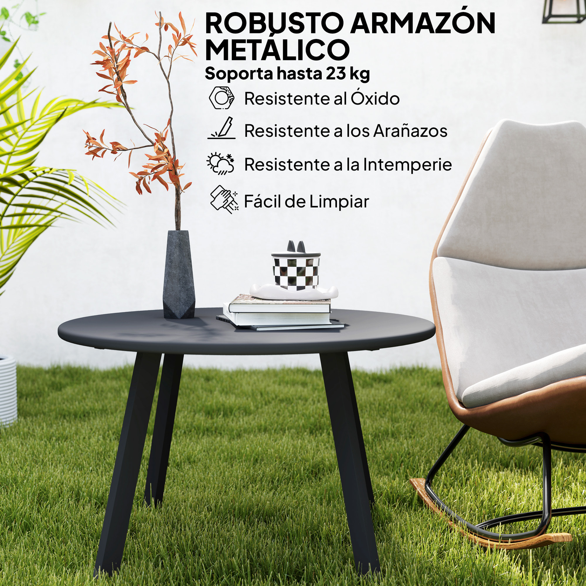 Mesa de Centro de Jardín Redonda de Metal Mesa Auxiliar con Bordes Redondeados Patas Antideslizantes Mesa de Café para Patio Balcón Salón Negro