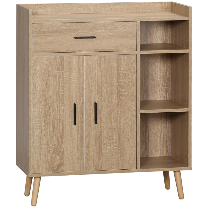 HOMCOM Aparador de Salón Moderno con 2 Puertas 1 Cajón y 3 Estantes Abiertos Mueble Auxiliar de Almacenaje para Cocina Dormitorio Entrada Antivuelco 80x30x96,5 cm Natural