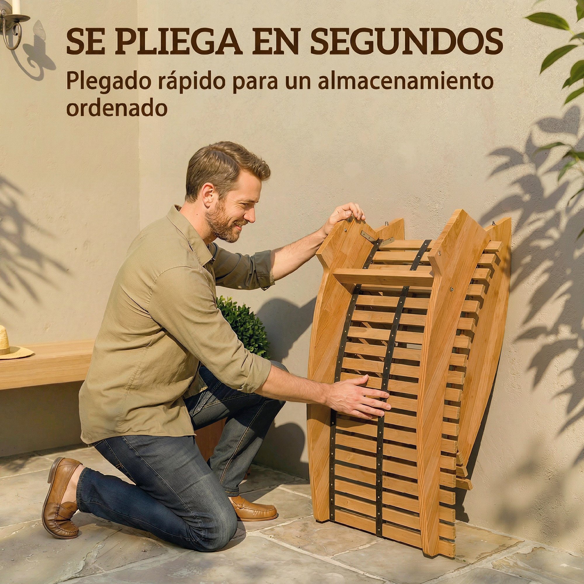 Pack de 2 Sillas Mecedoras de Jardín de Madera, Mecedoras para Exterior Ergonómica Plegables con Diseño Listonado, para Balcón, Terraza, Patio, Carga 120 kg, 60x156x77 cm, Natural
