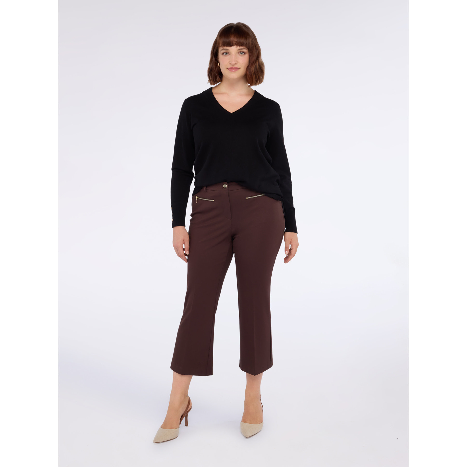 Fiorella Rubino - Pantaloni kick flare in Punto Milano con zip - Marrone