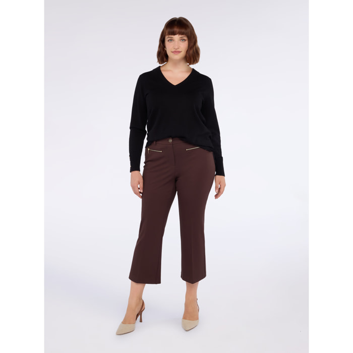 Fiorella Rubino - Pantaloni kick flare in Punto Milano con zip - Marrone