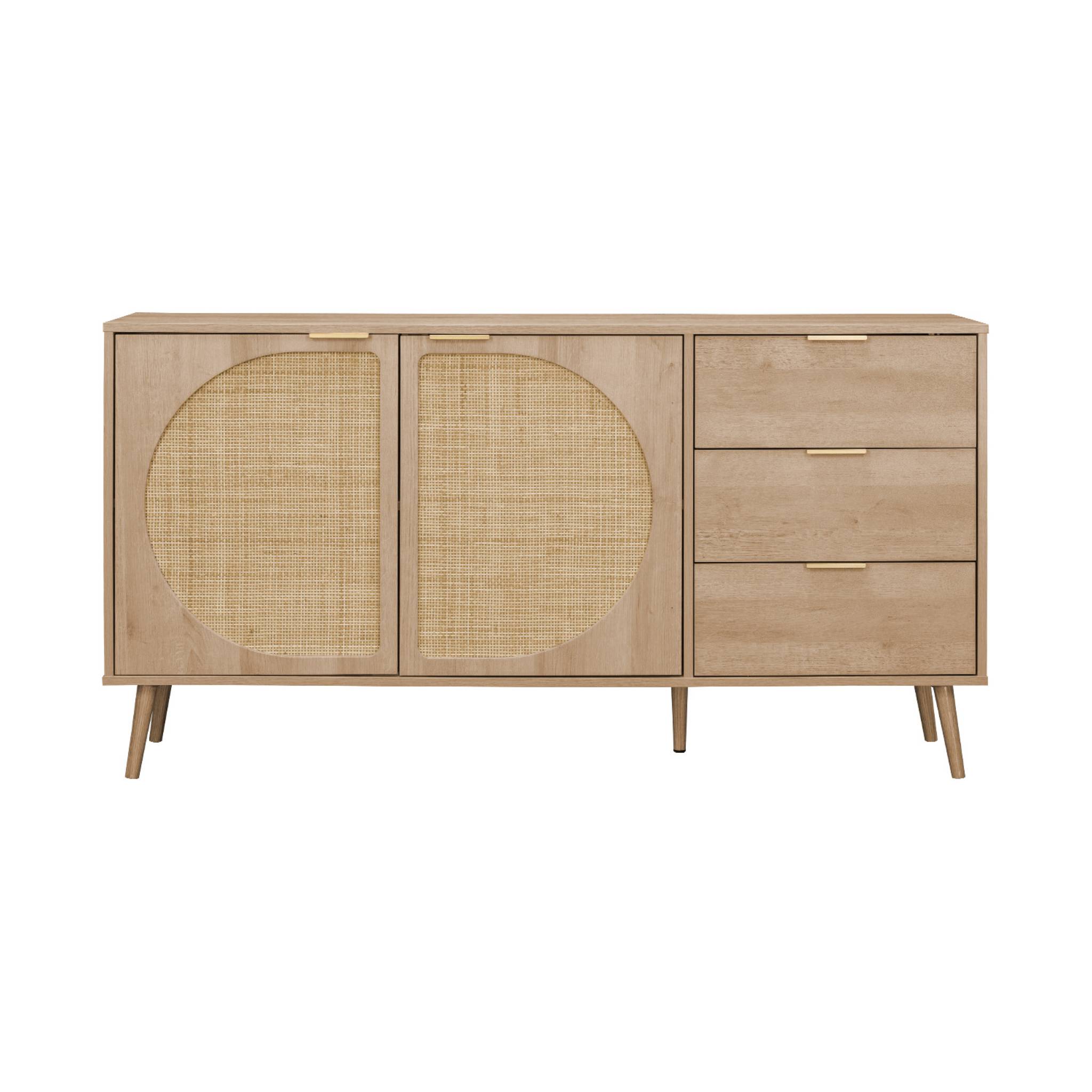 Buffet de rangement. Eva.  décor bois et cannage arrondi. 2 portes 3 tiroirs. buffet bas. L 150 x l 39 x H 79cm