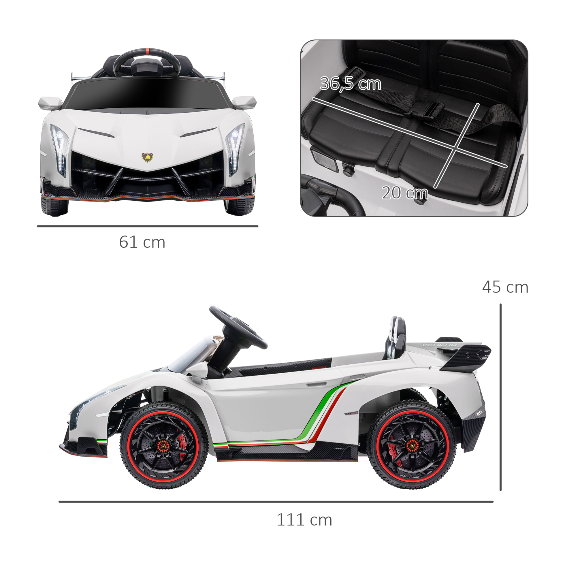 Coche Eléctrico Lamborghini para Niños de 3 a 6 Años Coche de Batería 12V Velocidad Max.7 km/h Puerta de Tijera con Control Remoto MP3 Luces y Cinturón de Seguridad 111x61x45 cm Blanco