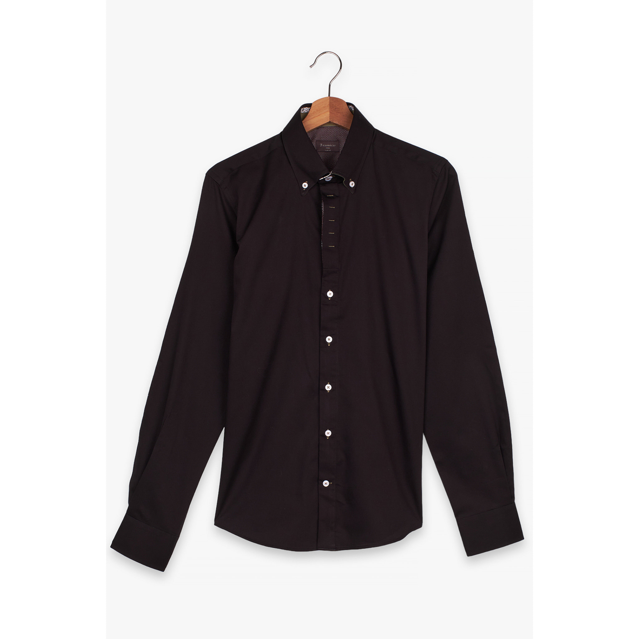 Camicia Uomo 2 Bottoni Button Down Slim Satin Unito Nero