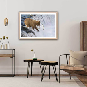 Affiche un ours pêche sur le bord Affiche + cadre en bois - Chêne