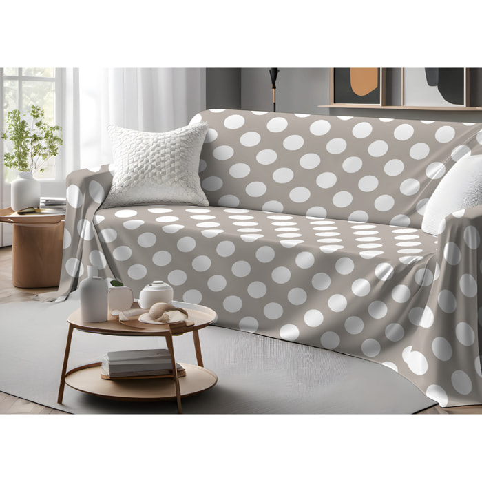 Telo Arredo Copritutto Grand Foulard Copridivano Copriletto 100% Cotone Disegno Pois Beige