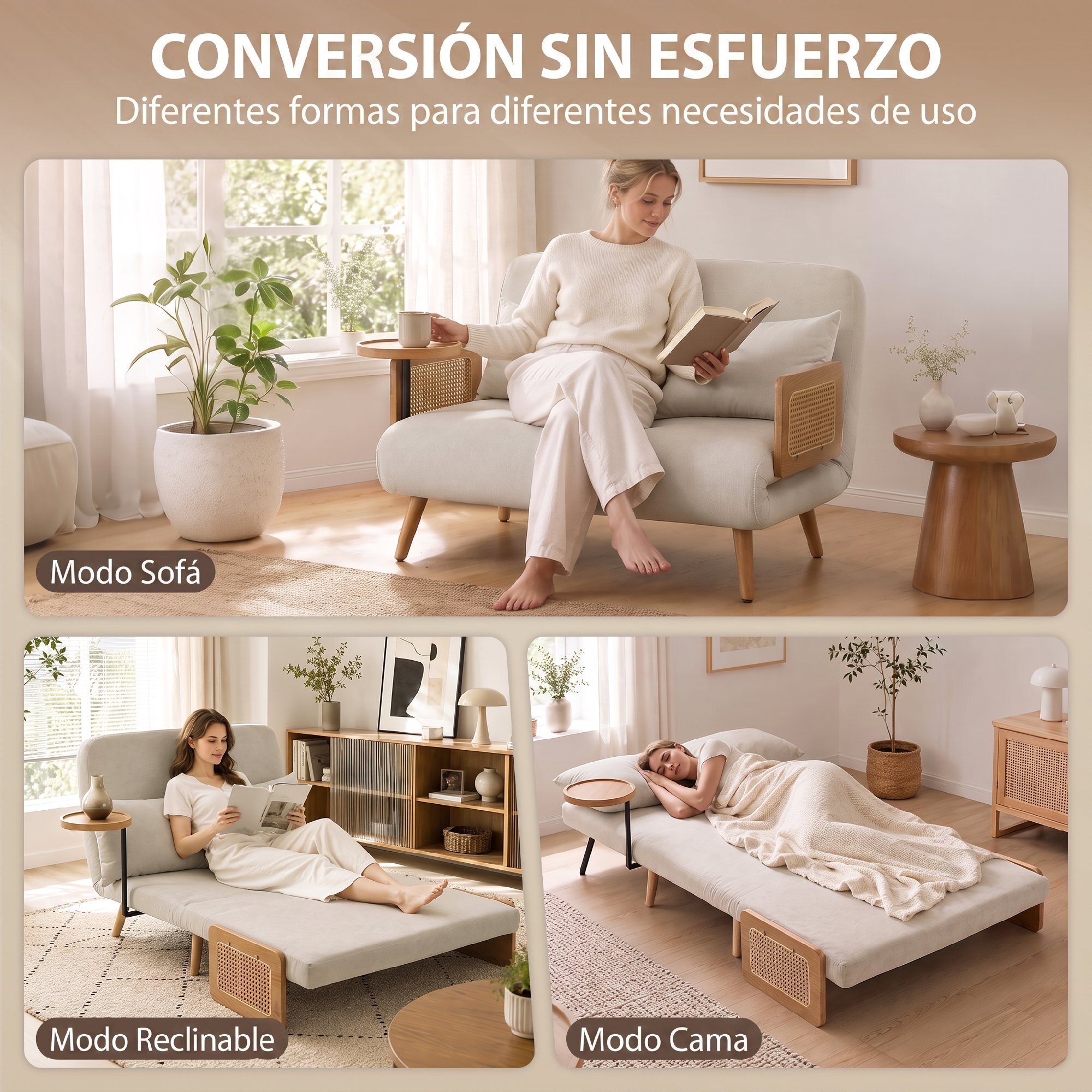 Sofá Cama 2 Plazas Convertible, 3 en 1, Sofá Cama Plegable, Tapizado Chenilla, Respaldo Ajustable, Mesa Lateral de Madera, 2 Almohadas con Funda Lavable, para Salón, 131x78x82 cm, Blanco Crema