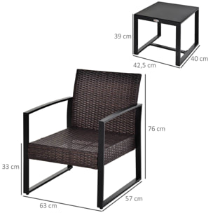 Conjunto de Jardín Exterior de 3 Piezas Juego de 2 Sillas y Mesa de Ratán con Cojines Acolchados y Encimera de Vidrio para Balcón Terraza Marrón