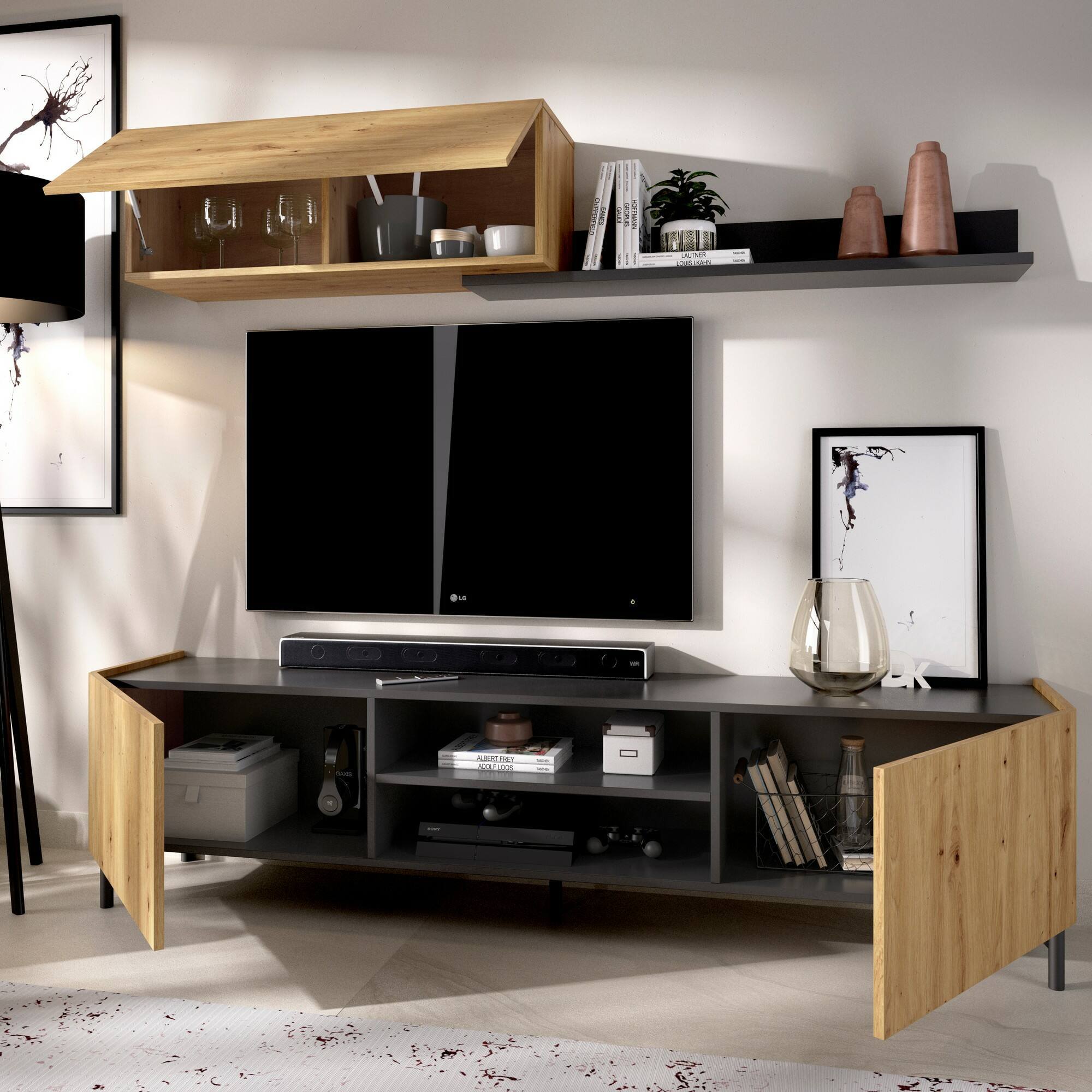 Parete attrezzata Korab, Set da soggiorno porta TV, Mobile salotto multiuso, 182x35h180 cm, Rovere Nodi e Antracite