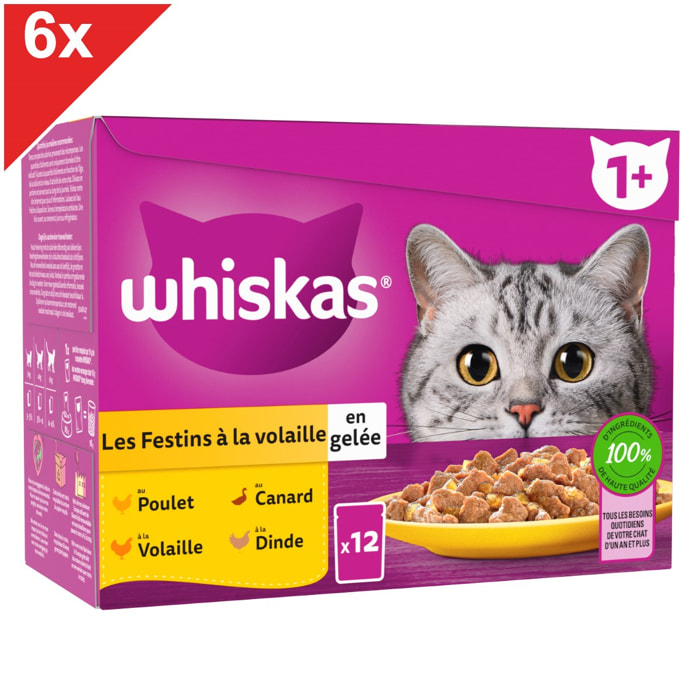 WHISKAS 72 Sachets fraîcheur en gelée 4 variétés volaille pour chat 85g (6x12)