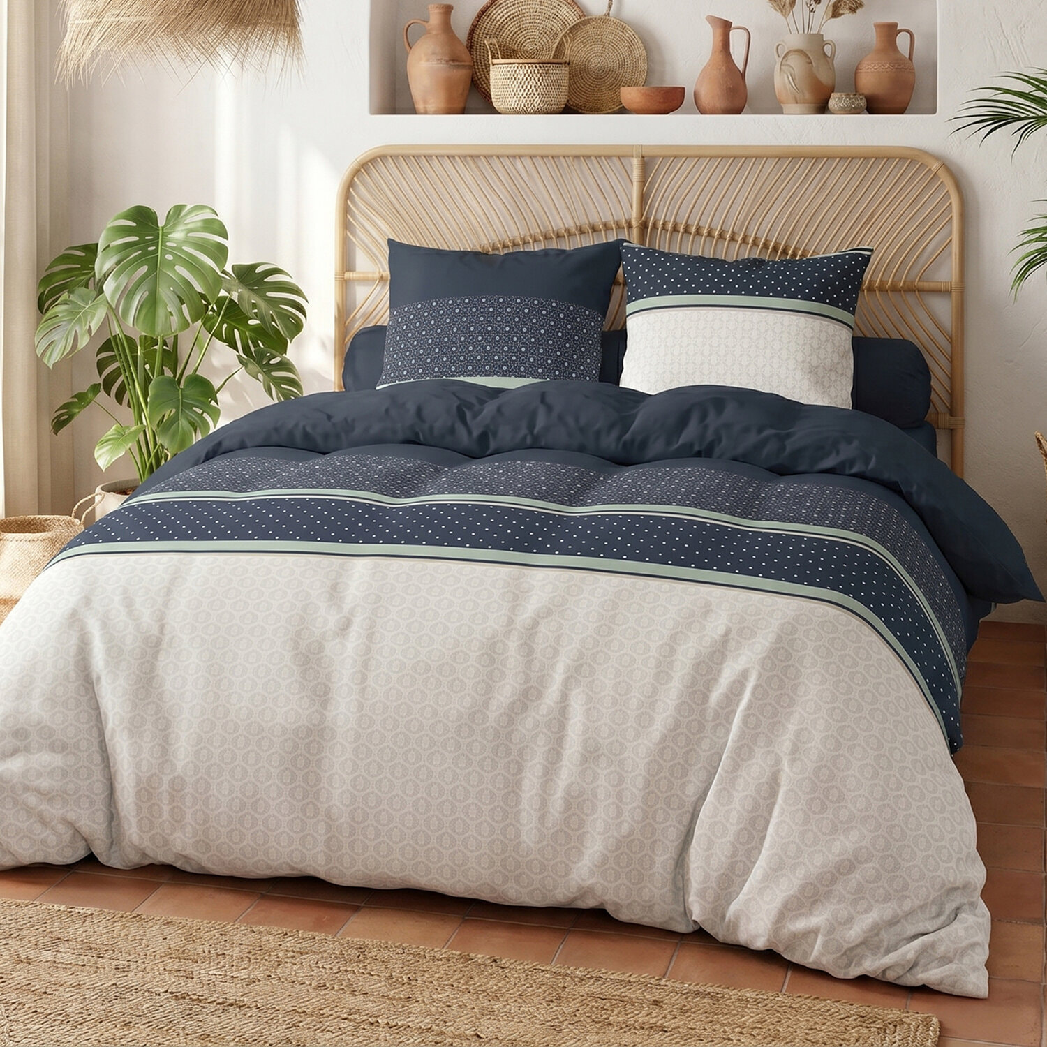 Parure housse de couette 240x220 cm imprimée graphique + 2 taies 100% Coton - ANDY