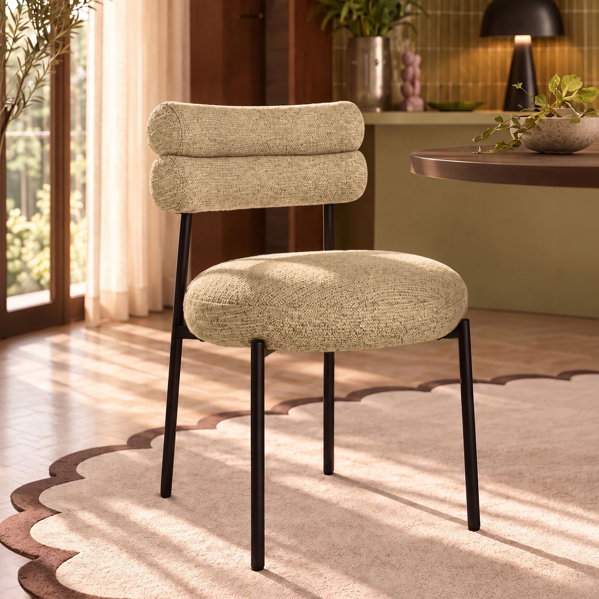 Ensemble table extensible effet noyer et 6 chaises tissu tweed beige