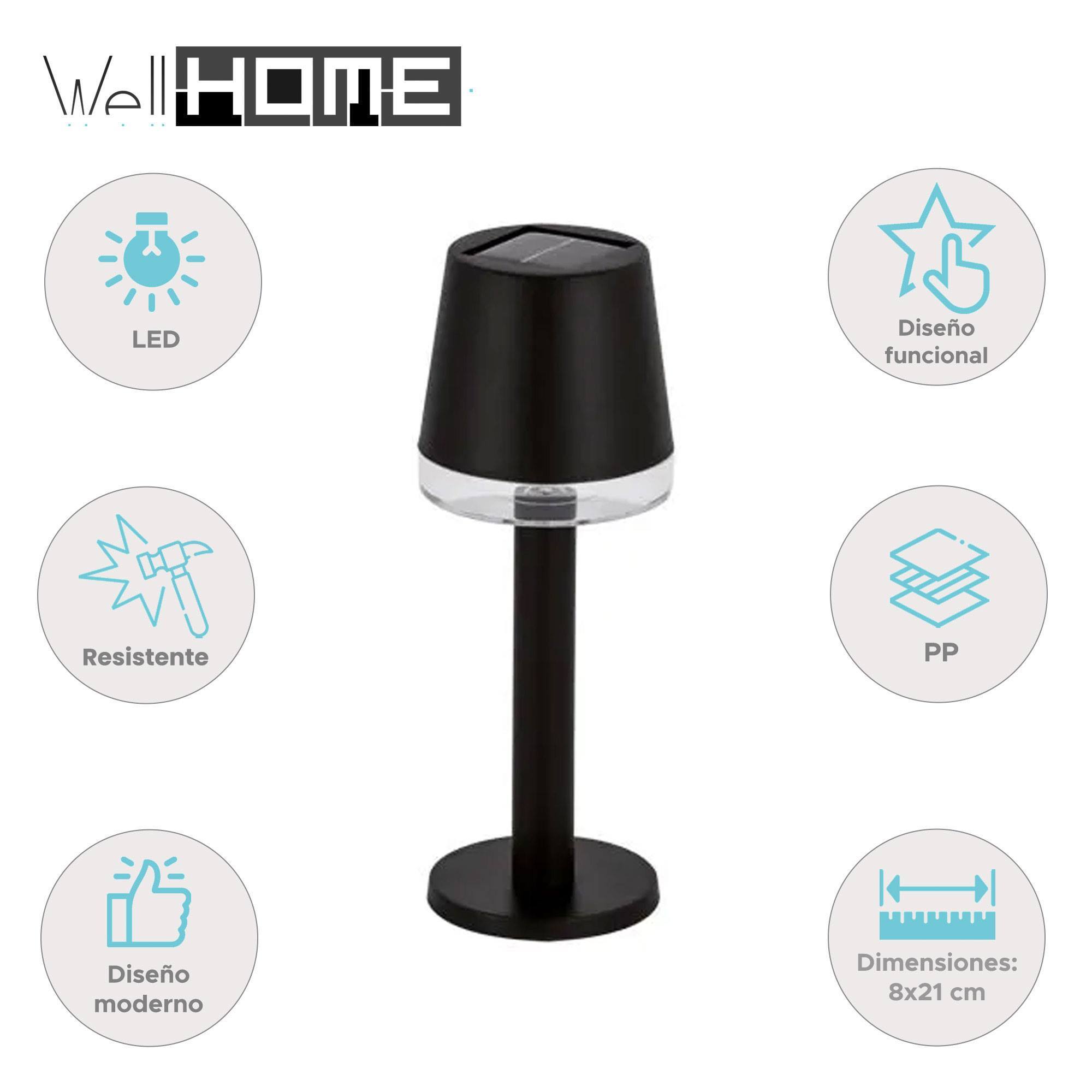 Well Home Lámpara de Mesa solar luces LED blanco cálido en color Negro Ø8x21cm