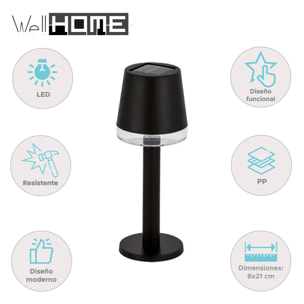 Well Home Lámpara de Mesa solar luces LED blanco cálido en color Negro Ø8x21cm