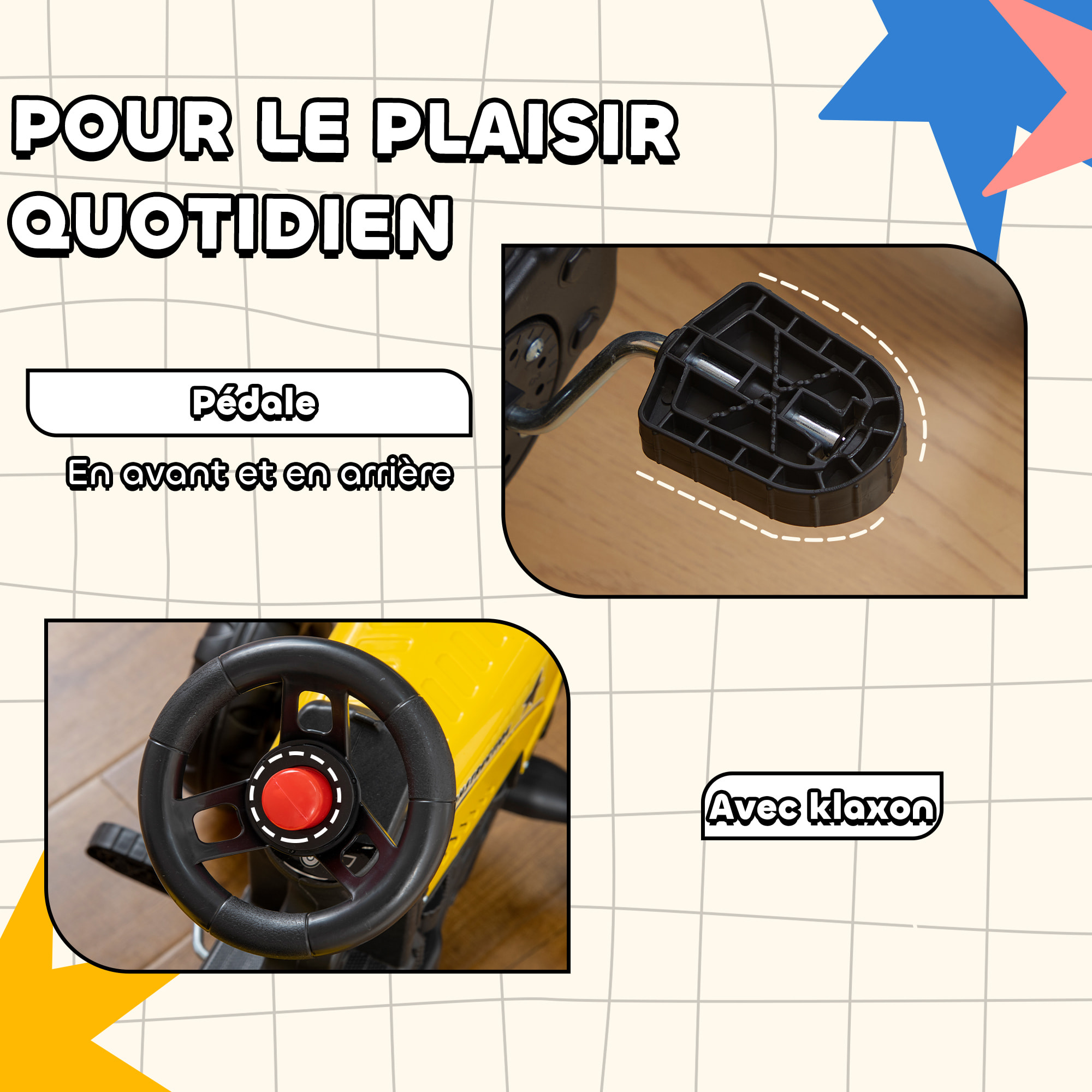 Porteur tracteur enfants avec remorque, râteau et pelle, tracteur à pédales 6 roues, charge 35 kg, pour 3+ ans, jaune