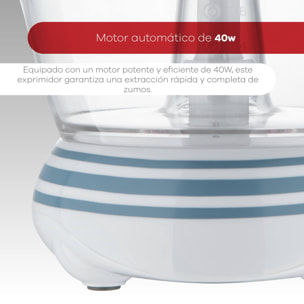exprimidor de 40w de potencia - capacidad de 1.2 litros - arranque y parado automático - 2 conos para 2 tipos fruta
