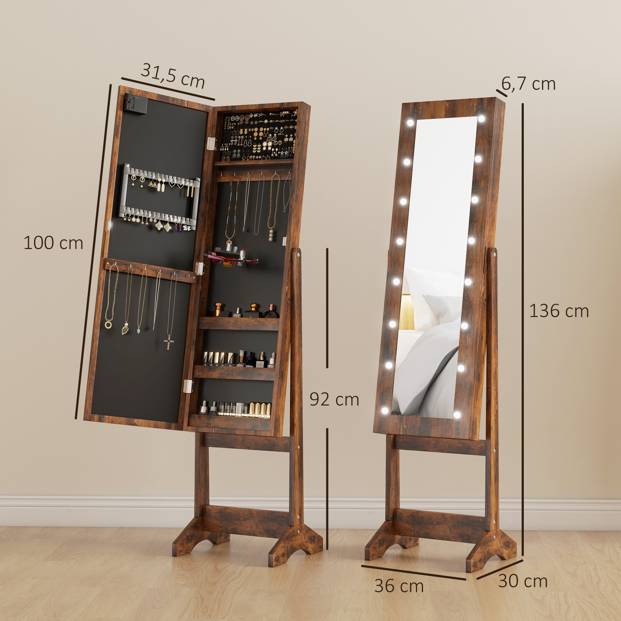 Armoire à bijoux sur pieds avec miroir multi-rangement éclairage LED effet bois vieilli
