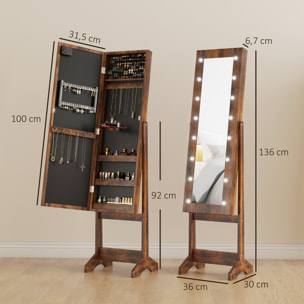 Armoire à bijoux sur pieds avec miroir multi-rangement éclairage LED effet bois vieilli