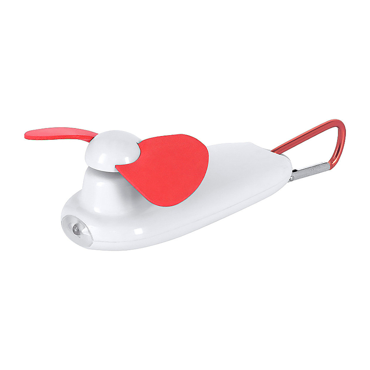 Ventilador portátil con linterna LED integrada y mosquetón para transporte.